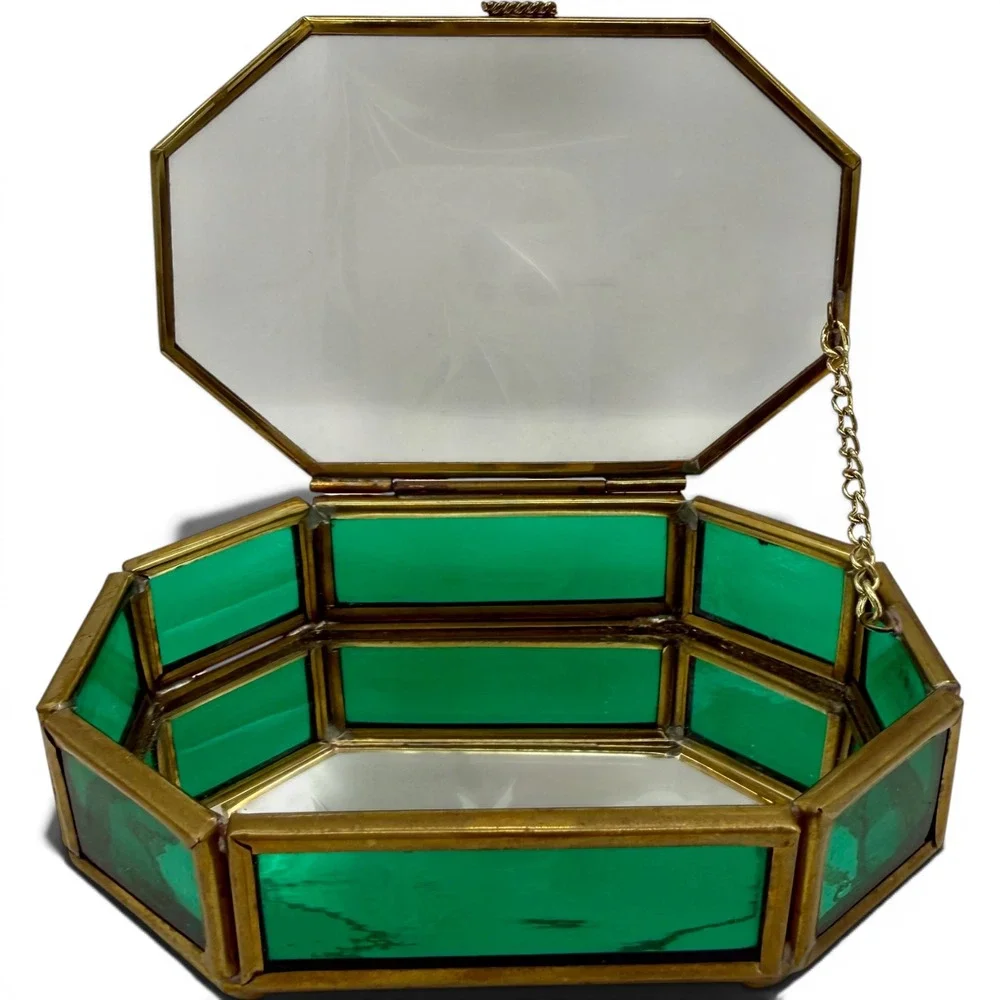 Vintage Emerald Green Glass Jewelry Trinket Box Etched Floral Brass Via Vermont